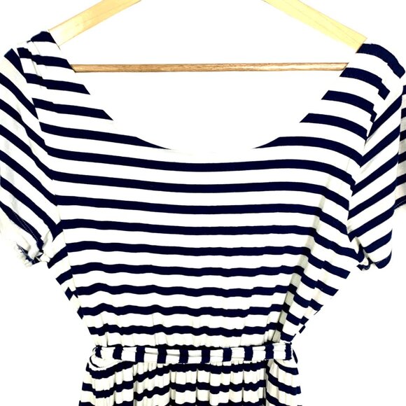 Gilli Striped Midi Dress Size L Navy Blue White Tie Waist Lined Short Sleeve - Picture 5 of 9
